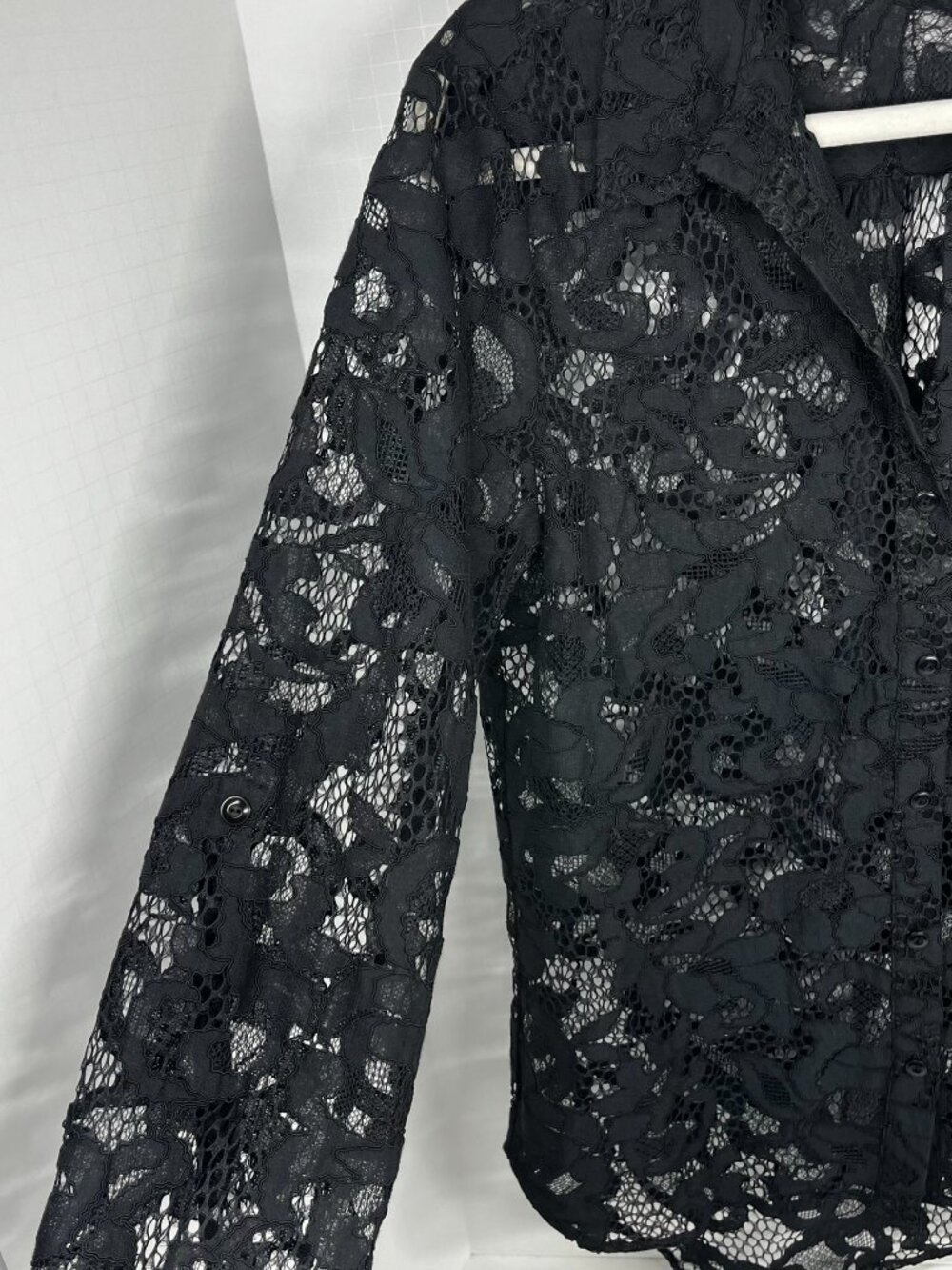 Diane Von Furstenburg Black Lace Crochet Collared Long sleeve Button Down, Sz. 8 - Picture 6 of 11